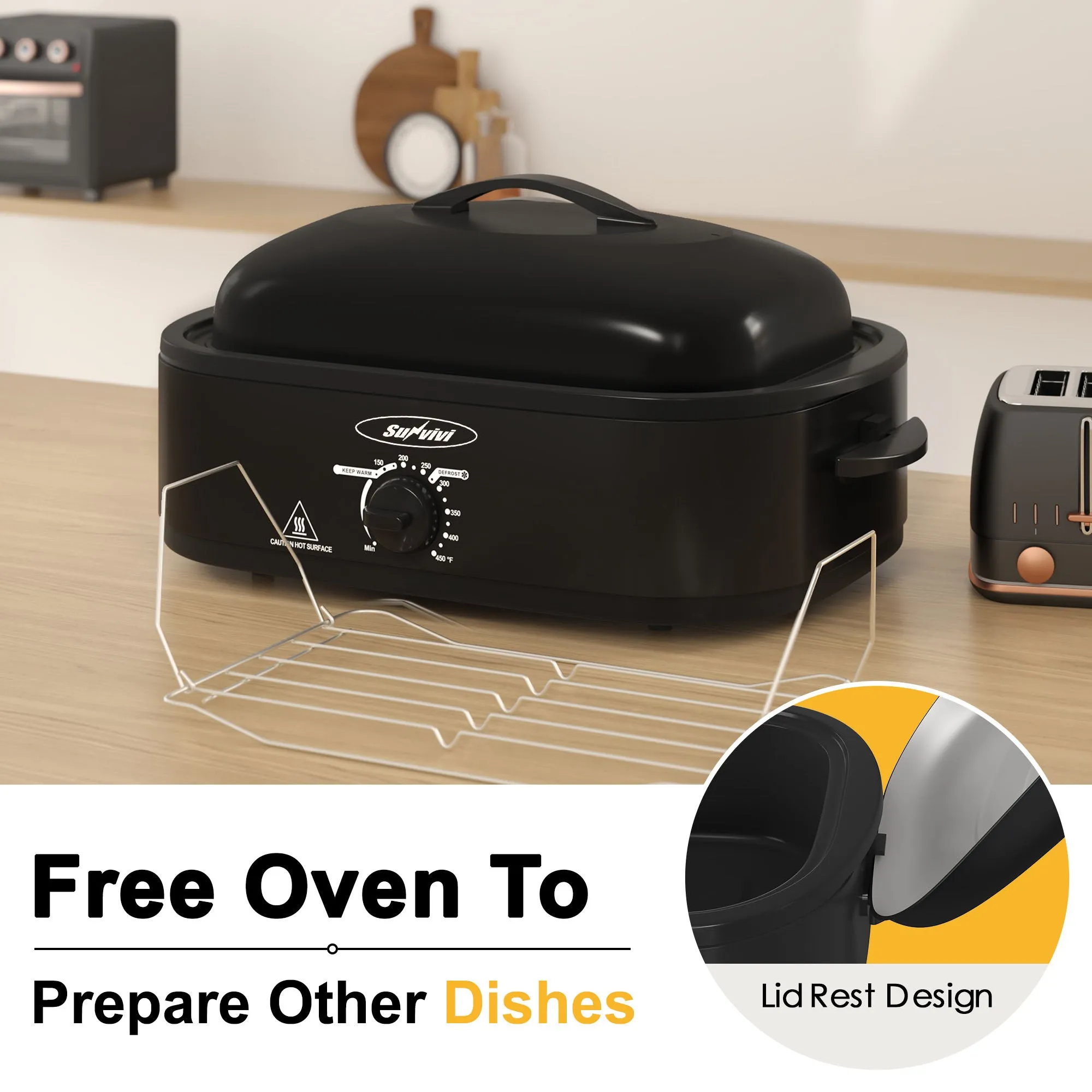 14-Quart Roaster Oven, Electric Roaster Oven with Self-Basting Lid, Turkey Roaster with Unique Defrost/Warm Function, Large Roaster with Removable Pan & Rack, Stainless Steel, Black