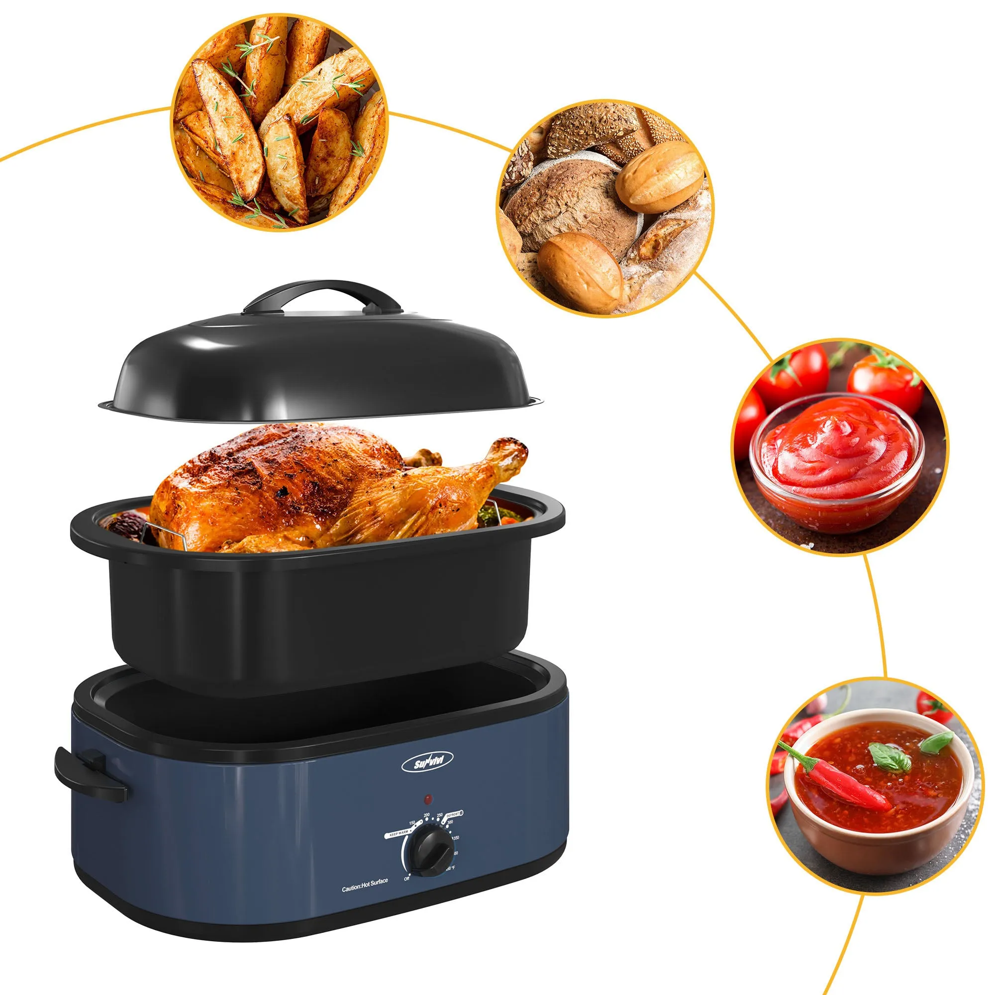 18-Quart Roaster Oven, Electric Roaster Oven with Self-Basting Lid, Turkey Roaster with Unique Defrost/Warm Function, Large Roaster with Removable Pan & Rack, Stainless Steel, Blue