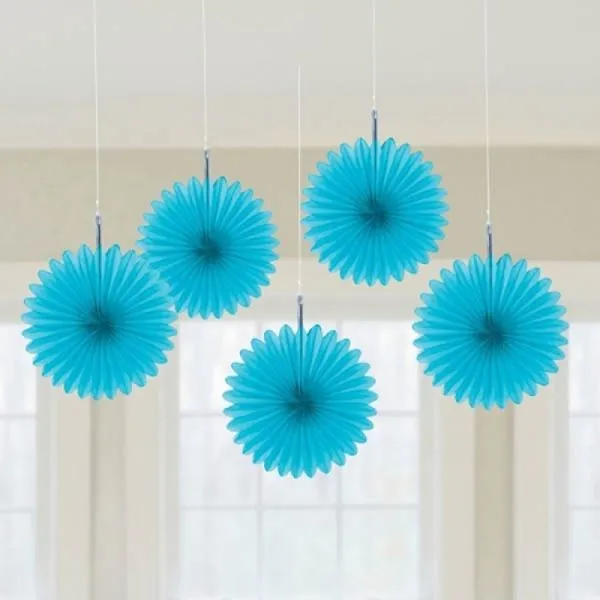 5 Pack Caribbean Blue Mini Fan Decorations - 15cm