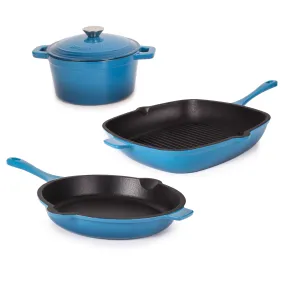 BergHOFF Neo 4pc Cast Iron Cookware Set, Fry Pan, Grill Pan & Round Dutch Oven, Blue