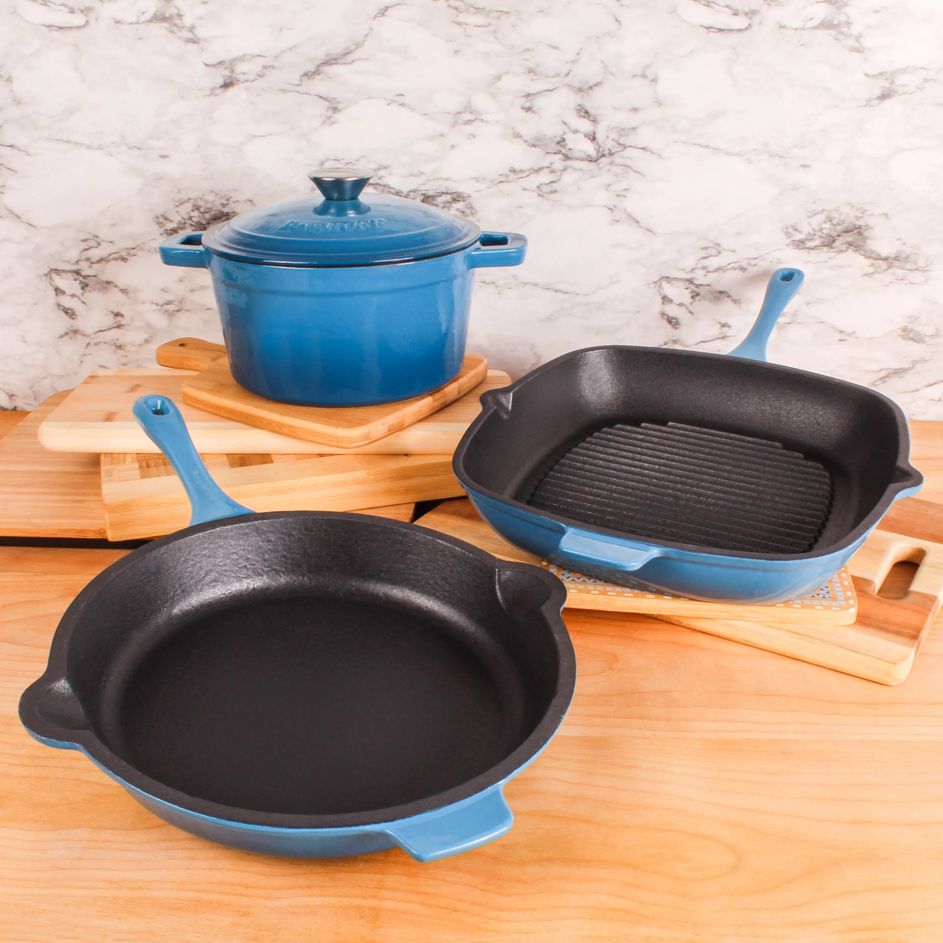 BergHOFF Neo 4pc Cast Iron Cookware Set, Fry Pan, Grill Pan & Round Dutch Oven, Blue