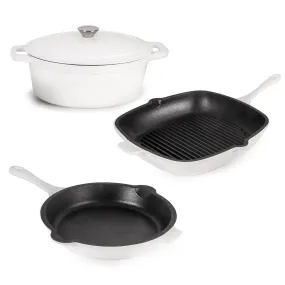 BergHOFF Neo 4pc Cast Iron Cookware Set, Grill Pan, Fry Pan & Oval Dutch Oven, White