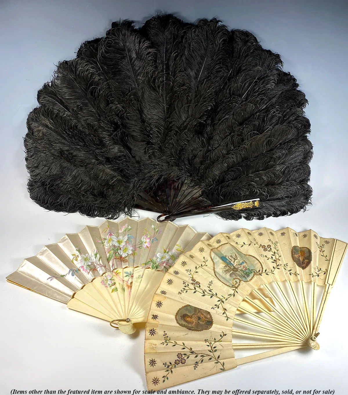 BIG 19th c. Antique Ostrich Feather Fan, 39 cm Open, Tortoise Shell Monture and 18k Crown Monogram