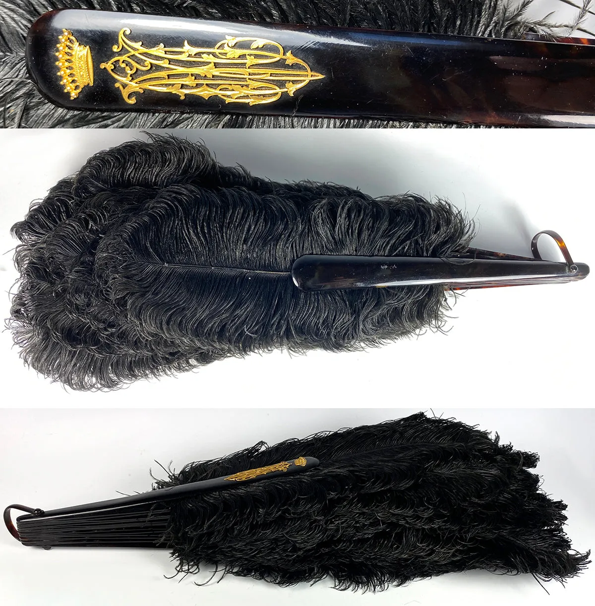 BIG 19th c. Antique Ostrich Feather Fan, 39 cm Open, Tortoise Shell Monture and 18k Crown Monogram