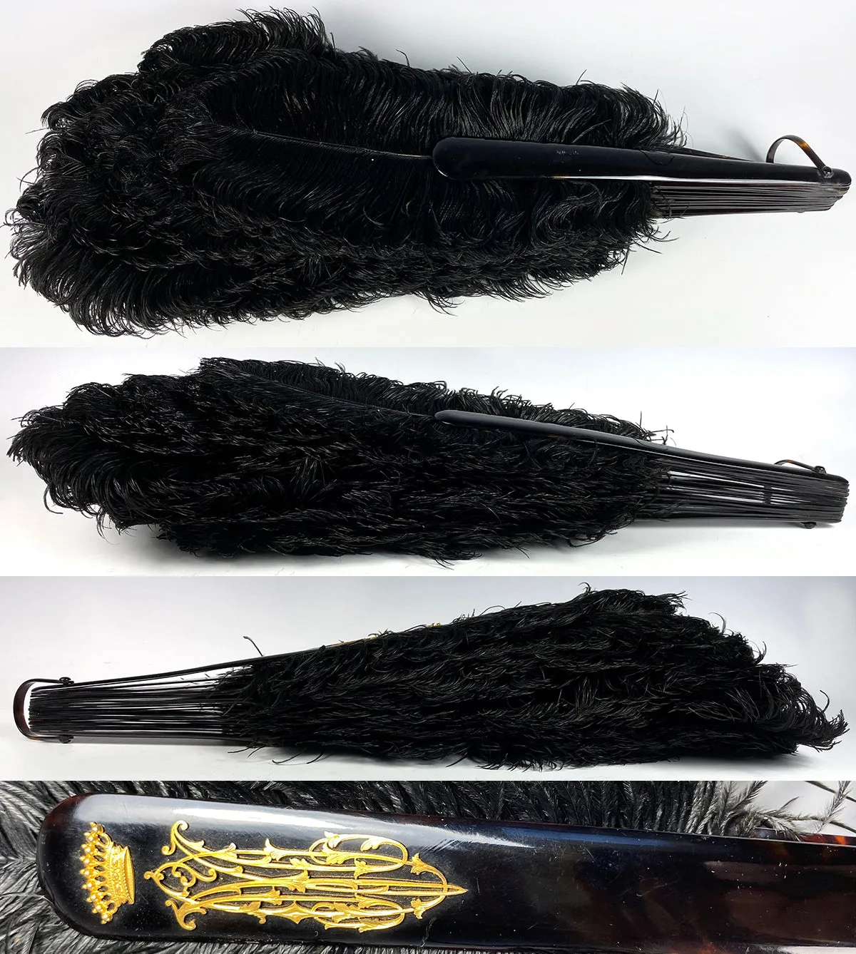 BIG 19th c. Antique Ostrich Feather Fan, 39 cm Open, Tortoise Shell Monture and 18k Crown Monogram