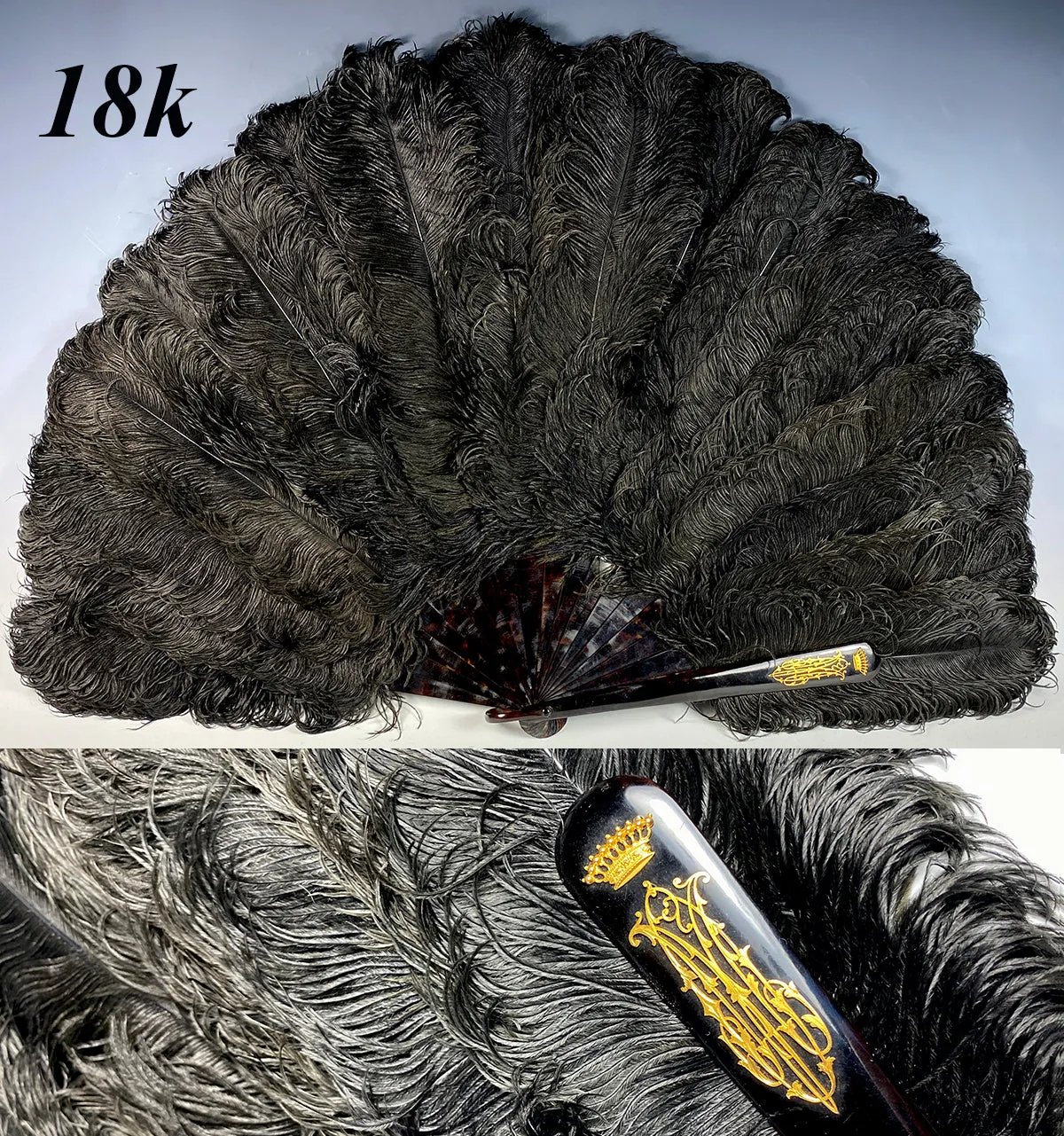 BIG 19th c. Antique Ostrich Feather Fan, 39 cm Open, Tortoise Shell Monture and 18k Crown Monogram