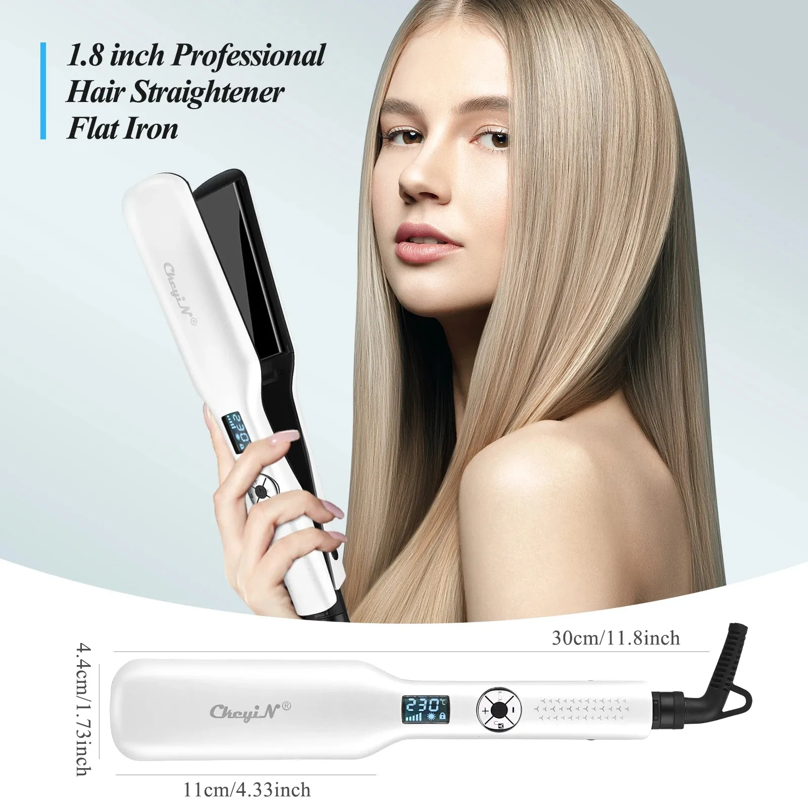 CkeyiN 44mm Tourmaline Ceramic Hair Straightener LCD Display Fast Heating Flat Iron Adjustable Temperature Straightening Iron