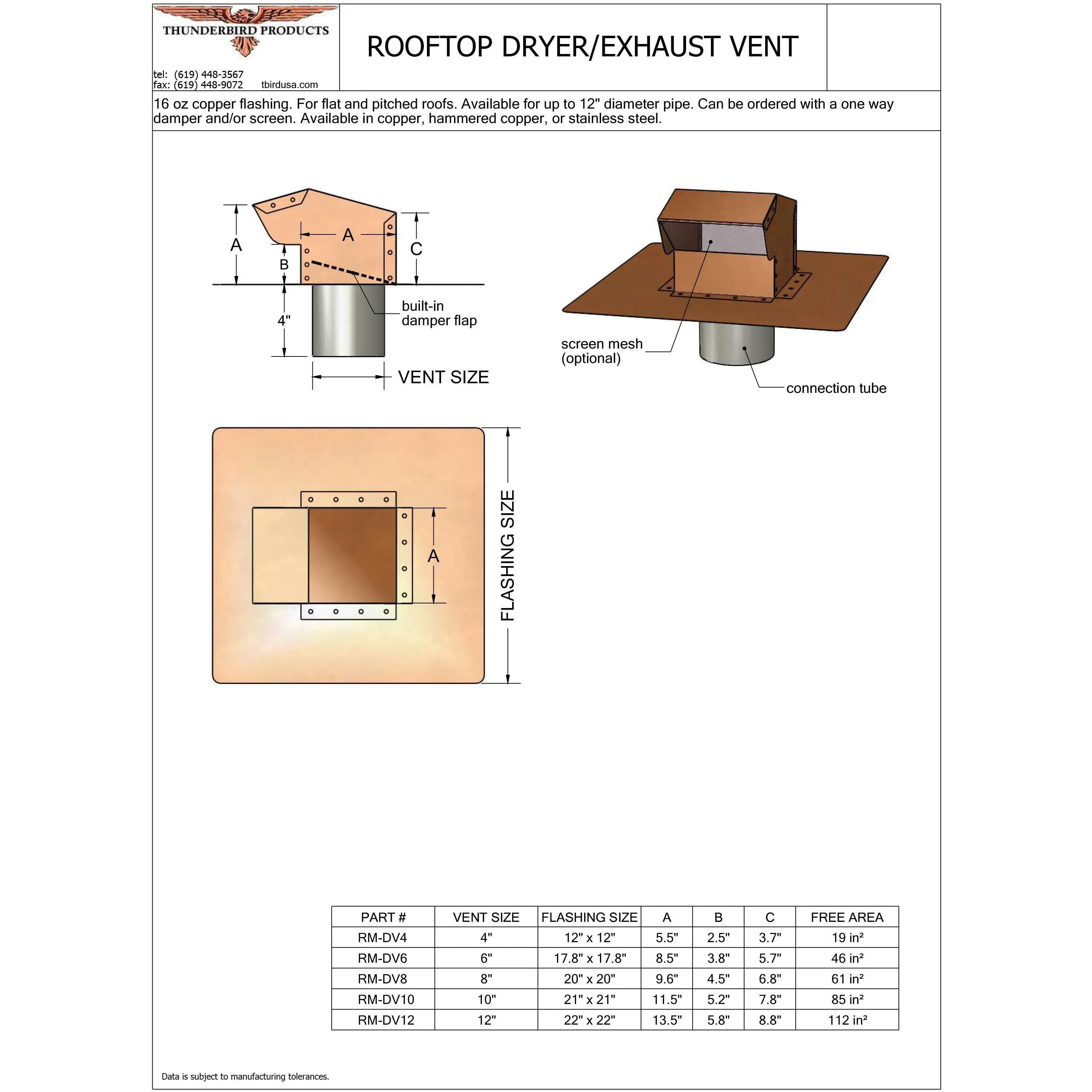 Copper Rooftop Dryer Vent - Exhaust Vent (4" - 12")