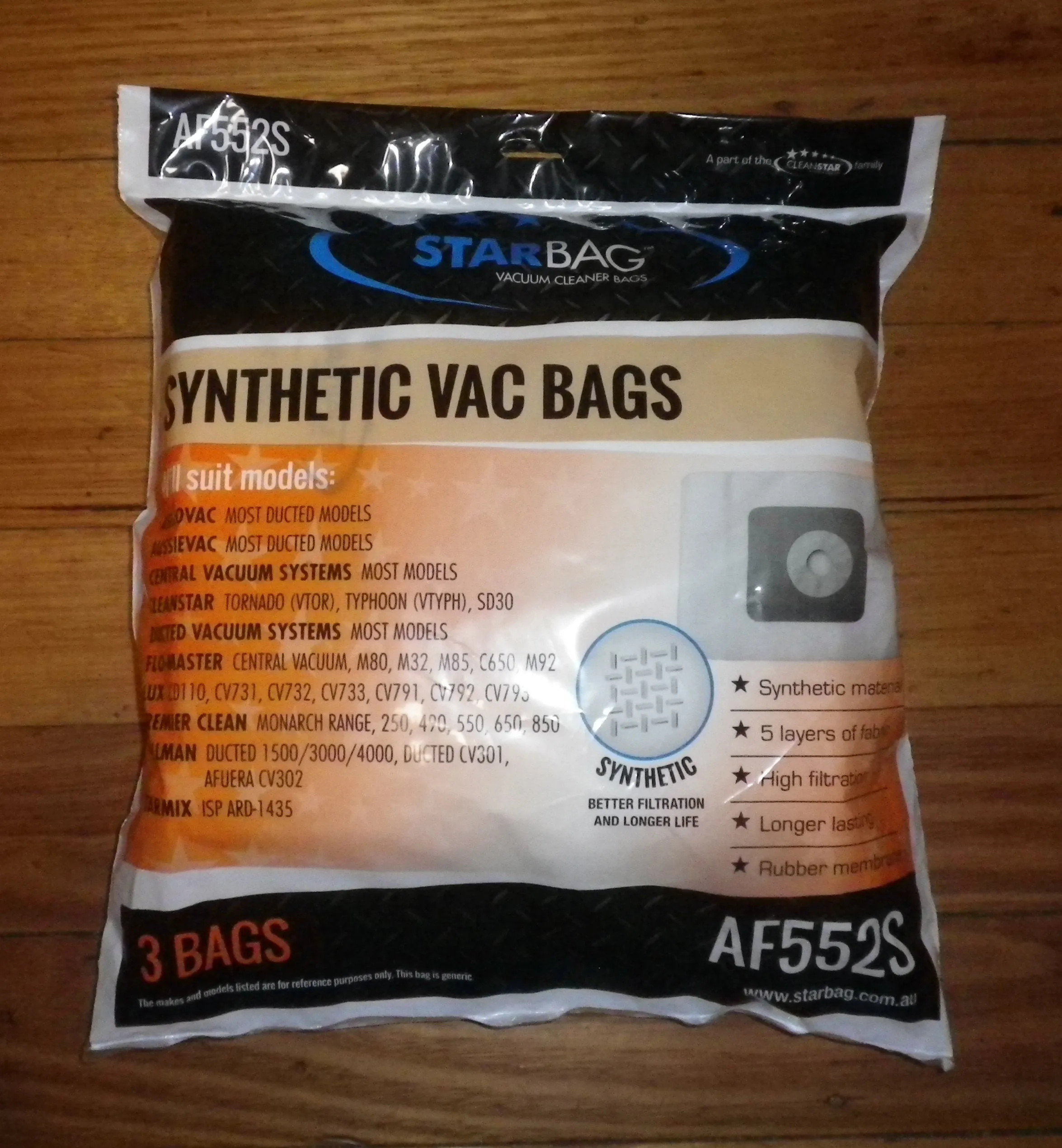 Ducted System Vacuum Cleaner Synthetic Disposable Bags (Pkt 3) - Part # AF552S