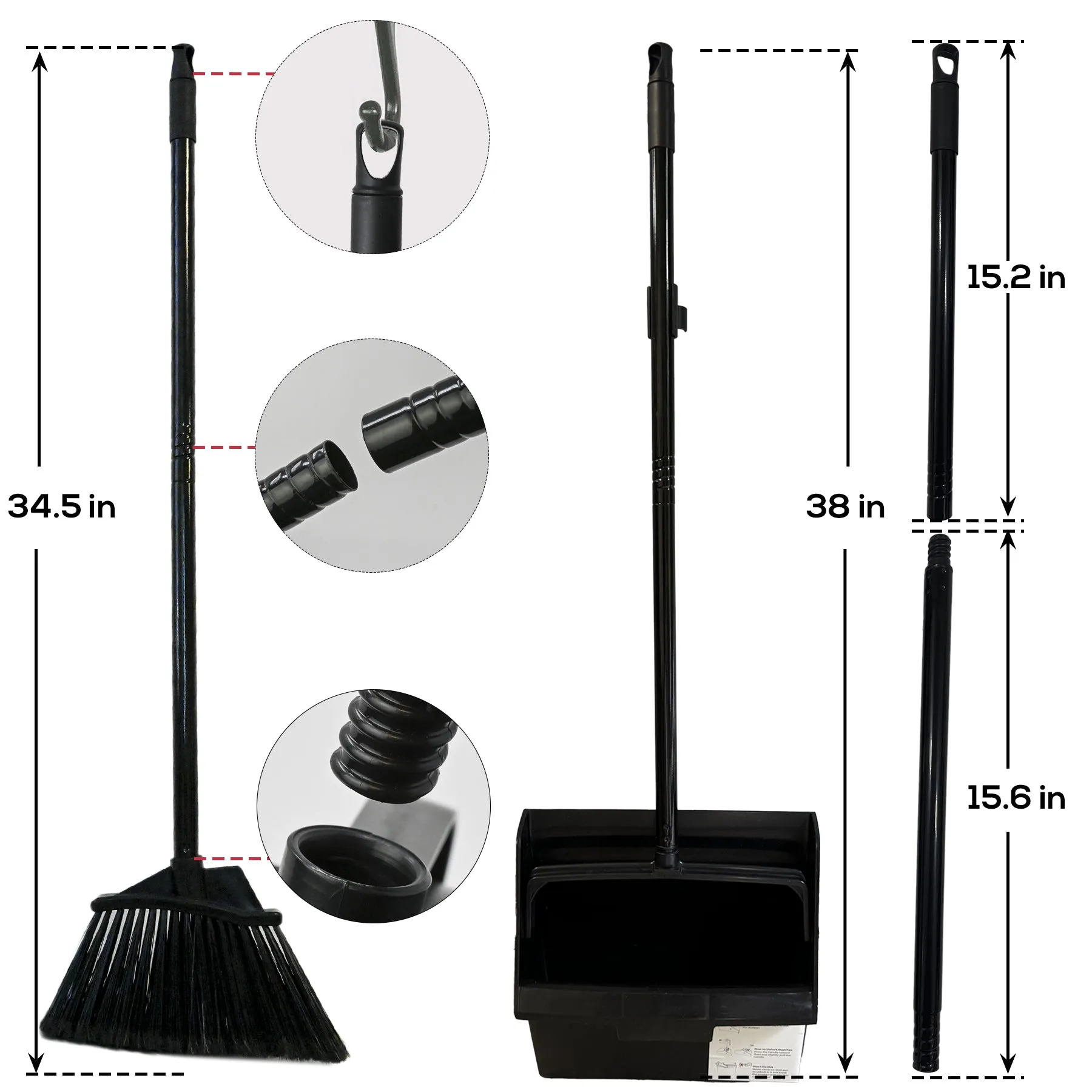 Dustpan and Broom Combo with 38" Long Handle for Home, Lobby, Kitchen, Office, Indoor/Outdoor Sweeping & Commercial Use, Black (1 Set)