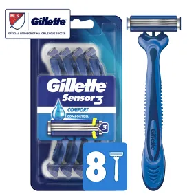 Gillette Sensor3 Men's Disposable Razor, Blue, 8 Razors