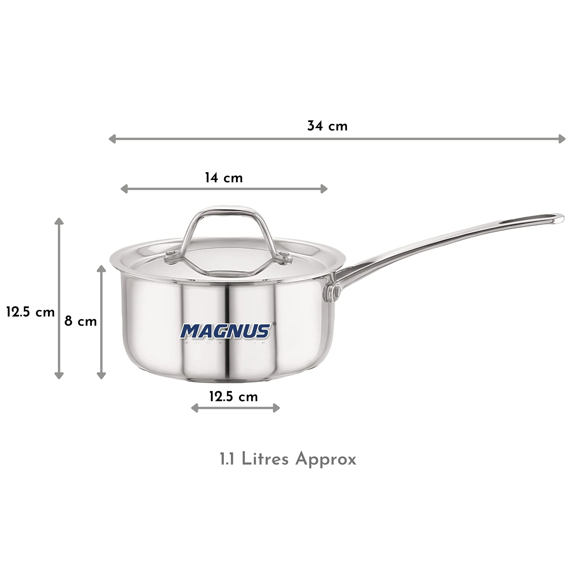 Magnus Triply Stainless Steel Sauce Pan with Stainless Steel Lid and Induction Bottom, 14 cm|1.1 L, Silver|Use for Home, Kitchen and Restaurant - Easy to Clean and Dishwasher Oven Safe