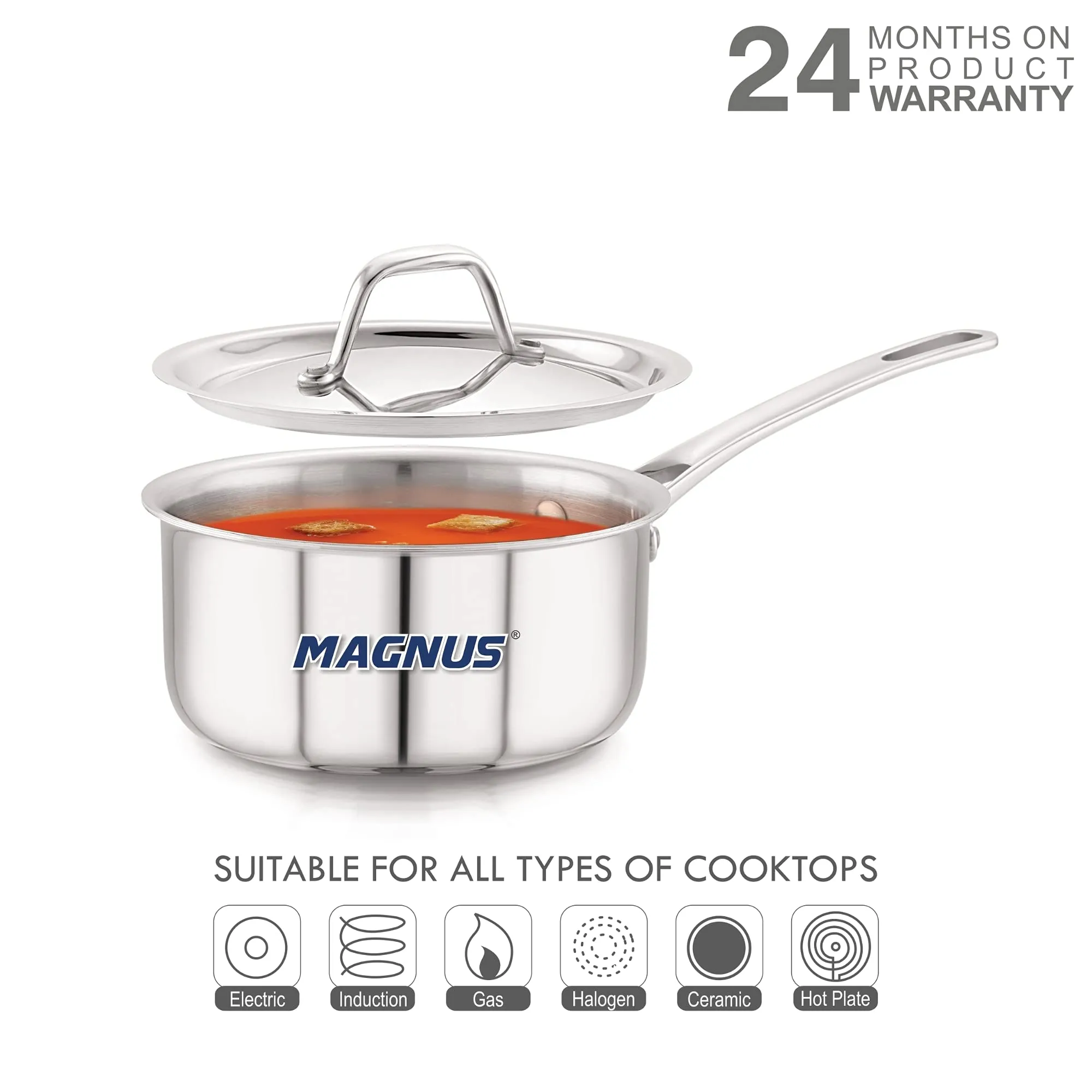 Magnus Triply Stainless Steel Sauce Pan with Stainless Steel Lid and Induction Bottom, 14 cm|1.1 L, Silver|Use for Home, Kitchen and Restaurant - Easy to Clean and Dishwasher Oven Safe