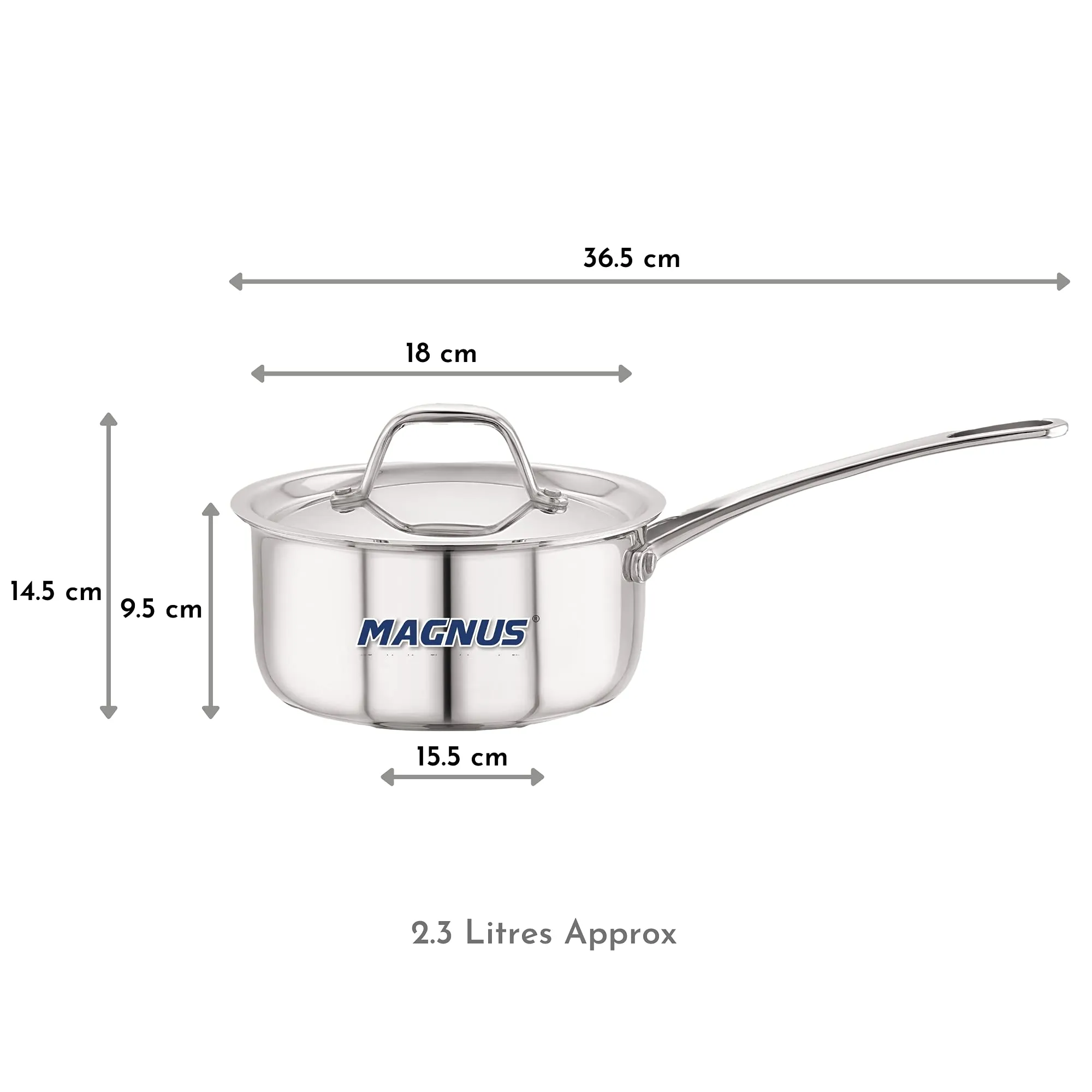 Magnus Triply Stainless Steel Sauce Pan with Stainless Steel Lid and Induction Bottom, 18 cm|2.2 L, Silver|Use for Home, Kitchen and Restaurant - Easy to Clean and Dishwasher Oven Safe