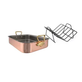 Mauviel Copper Roasting Pan w/Rack, Brass Handles, 15.7 x 11.8-in