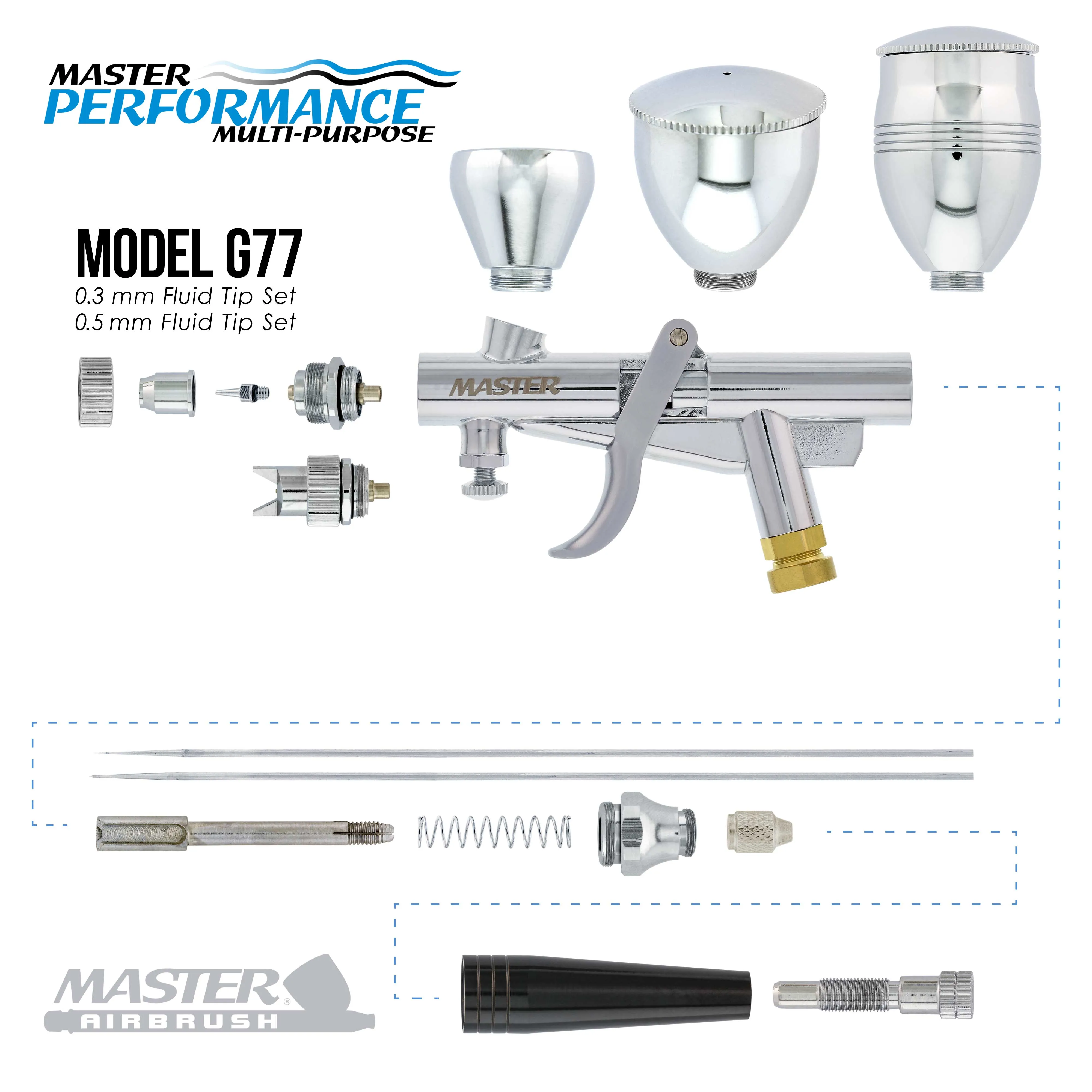 Model G77 Spray Gun Round Pattern Head Pistol Trigger Airbrush Kit with Cool Runner II Dual Fan Air Tank Compressor, 2 Nozzle Sets 0.3, 0.5mm, Hose