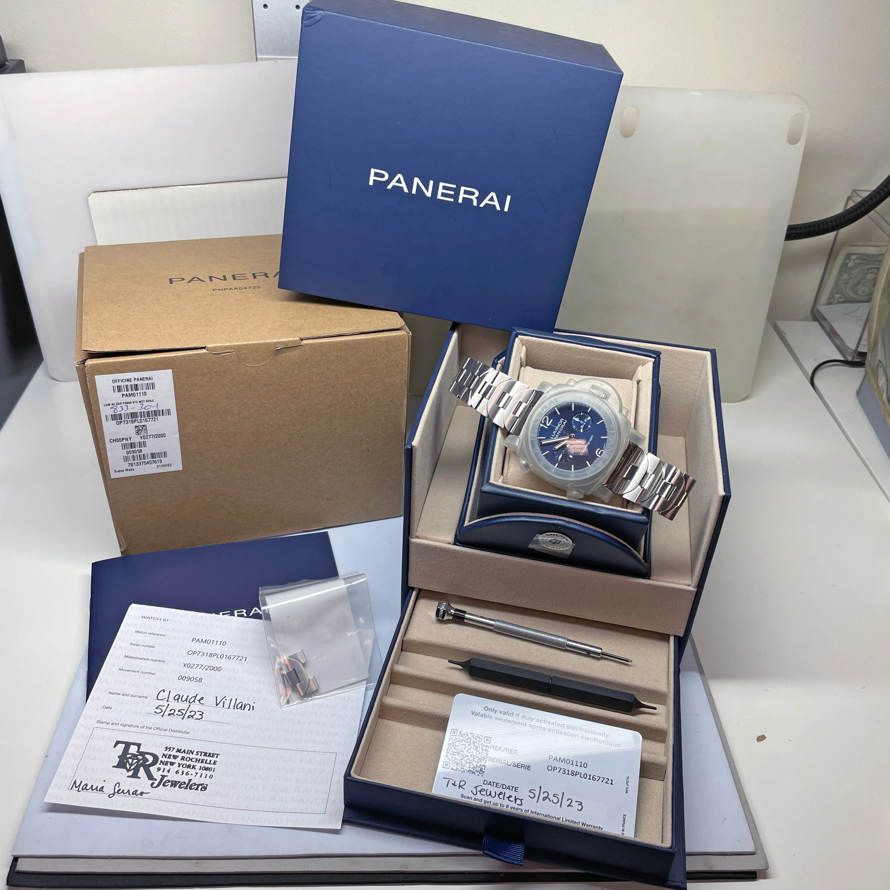 Pre-owned Panerai PAM01110 Blue Luminor Chronograph Steel Limited Watch 44mm