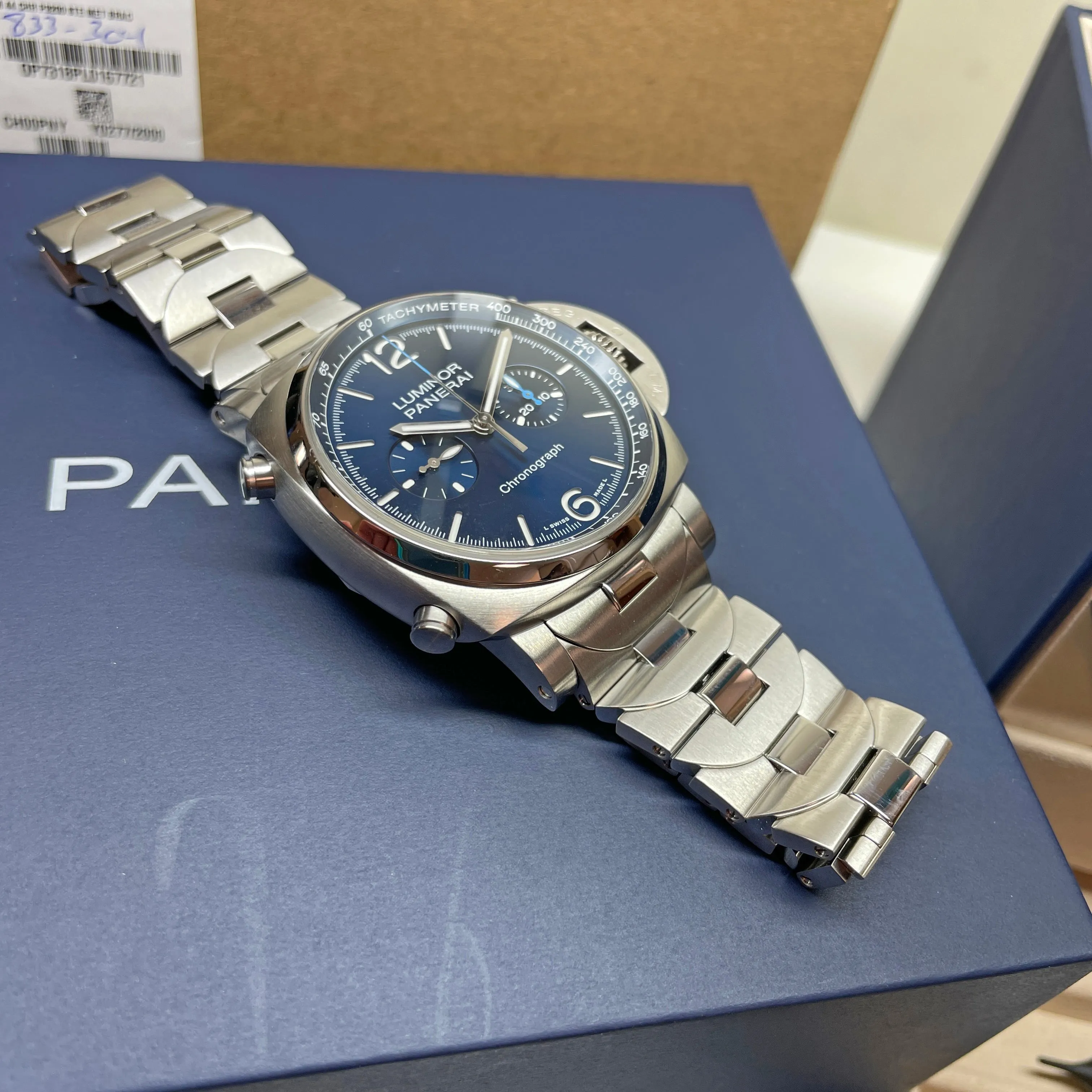 Pre-owned Panerai PAM01110 Blue Luminor Chronograph Steel Limited Watch 44mm