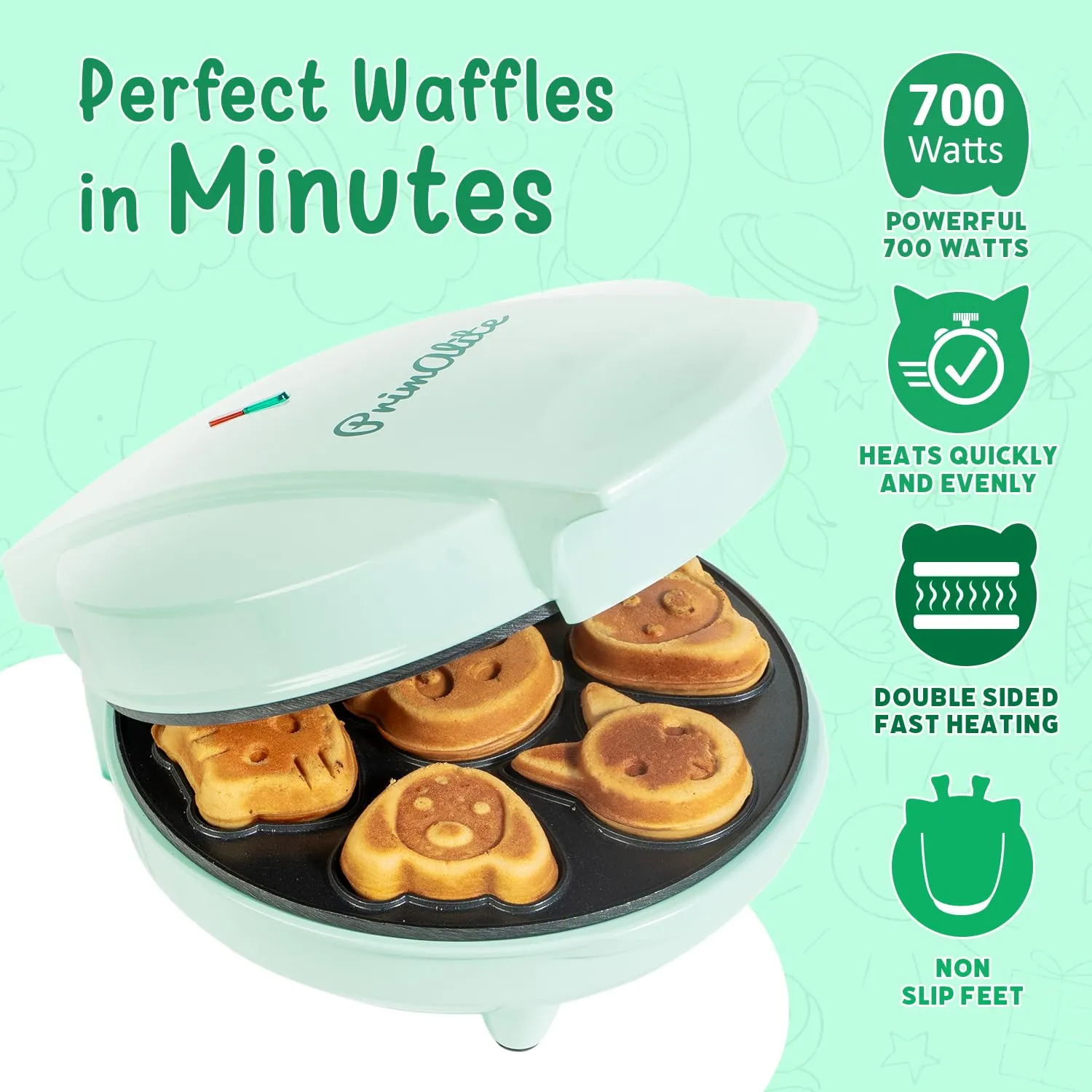 Primalite Animal Waffle Maker- Make 7 Fun & Cool Panda, Cat, Dog, Tiger & Reindeer Shaped Waffles or Pancakes for Kids or Unique Gift Idea | Non-Stick | Electric Iron with Indicator Light- Mint Green