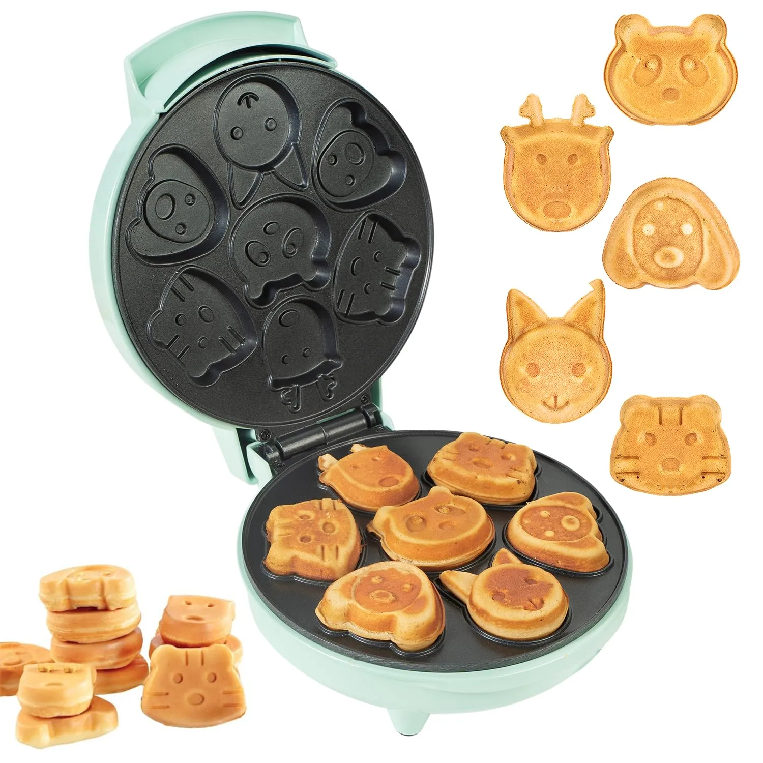 Primalite Animal Waffle Maker- Make 7 Fun & Cool Panda, Cat, Dog, Tiger & Reindeer Shaped Waffles or Pancakes for Kids or Unique Gift Idea | Non-Stick | Electric Iron with Indicator Light- Mint Green