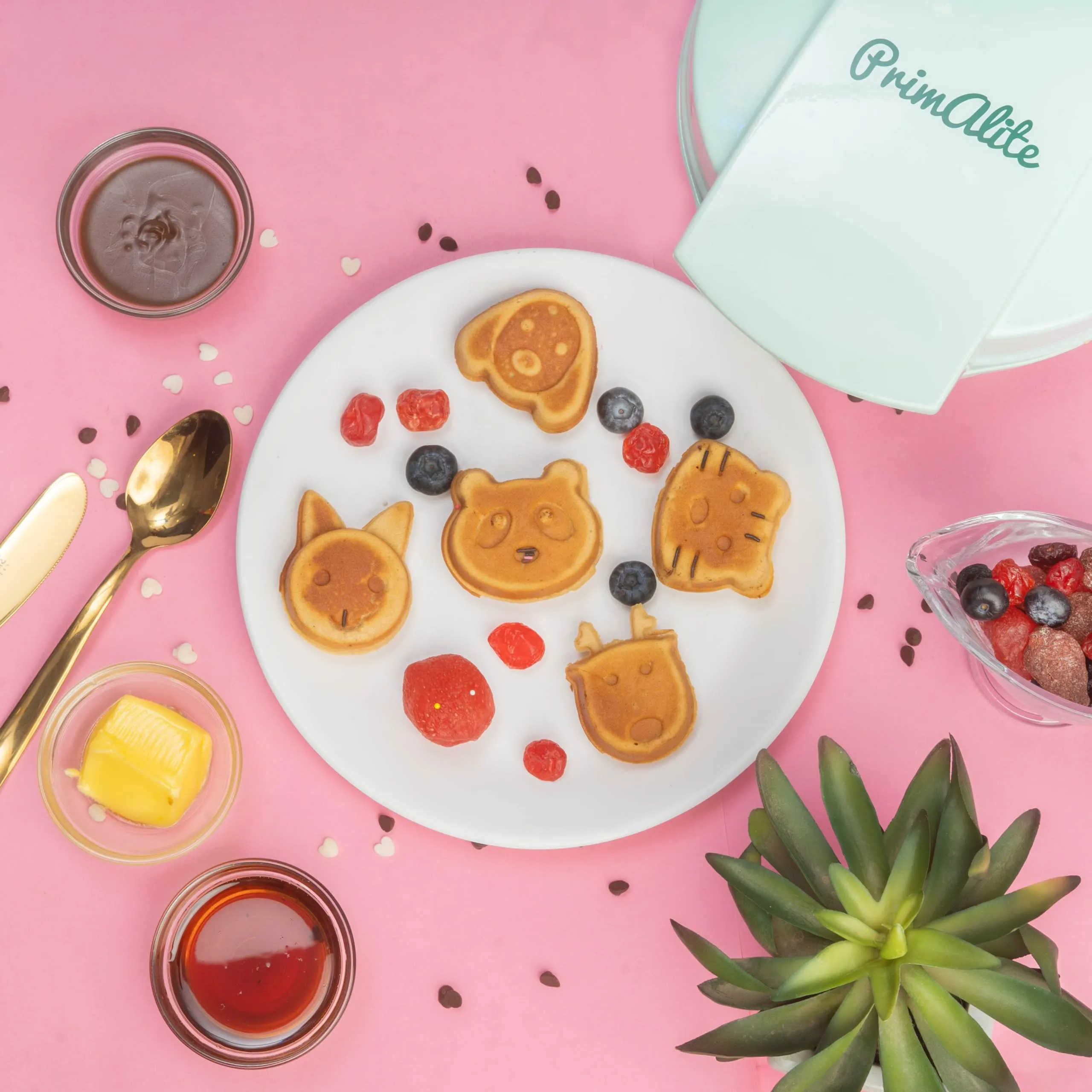 Primalite Animal Waffle Maker- Make 7 Fun & Cool Panda, Cat, Dog, Tiger & Reindeer Shaped Waffles or Pancakes for Kids or Unique Gift Idea | Non-Stick | Electric Iron with Indicator Light- Mint Green