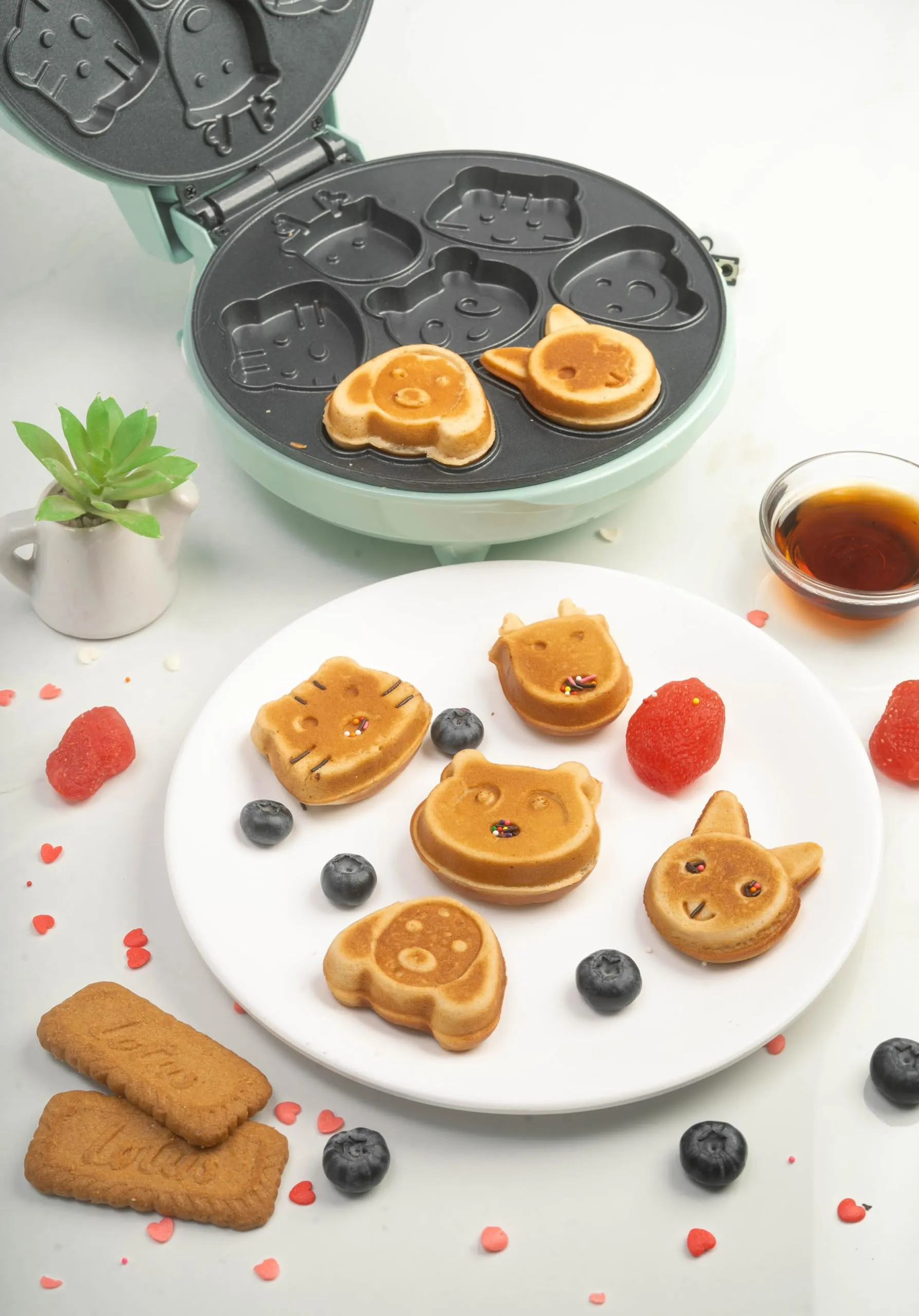 Primalite Animal Waffle Maker- Make 7 Fun & Cool Panda, Cat, Dog, Tiger & Reindeer Shaped Waffles or Pancakes for Kids or Unique Gift Idea | Non-Stick | Electric Iron with Indicator Light- Mint Green