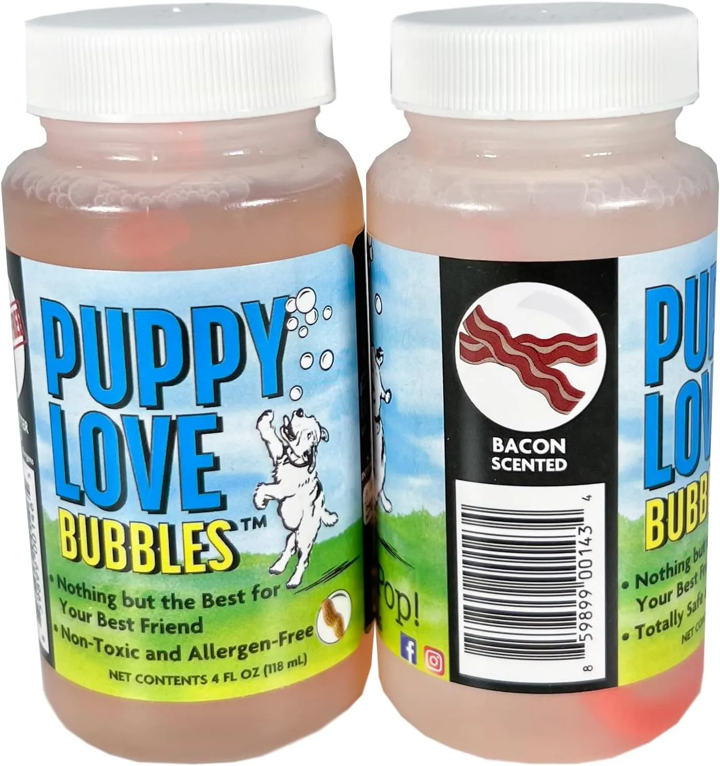 Puppy Love Bubbles, Peanut Butter & Bacon Scented Bubbles 4oz. Bottle-2 Pack Combo (1 Peanut Butter/1 Bacon) for Dogs