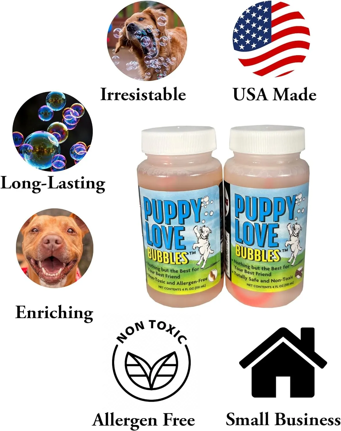 Puppy Love Bubbles, Peanut Butter & Bacon Scented Bubbles 4oz. Bottle-2 Pack Combo (1 Peanut Butter/1 Bacon) for Dogs