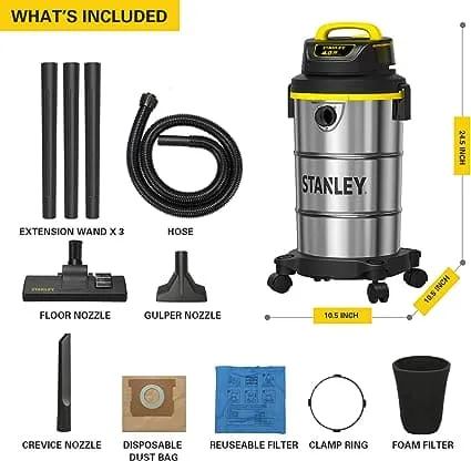 Stanley Wet/Dry Vacuum, 5 Gallon, 4 Horsepower, Stainless Steel Tank - Silver yellow black - SL18130