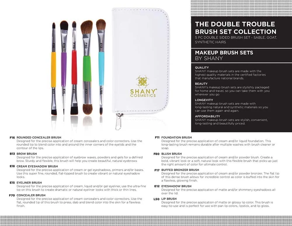 THE DOUBLE TROUBLE - 5 PC Double Sided Essential Brush Set with Travel Pouch