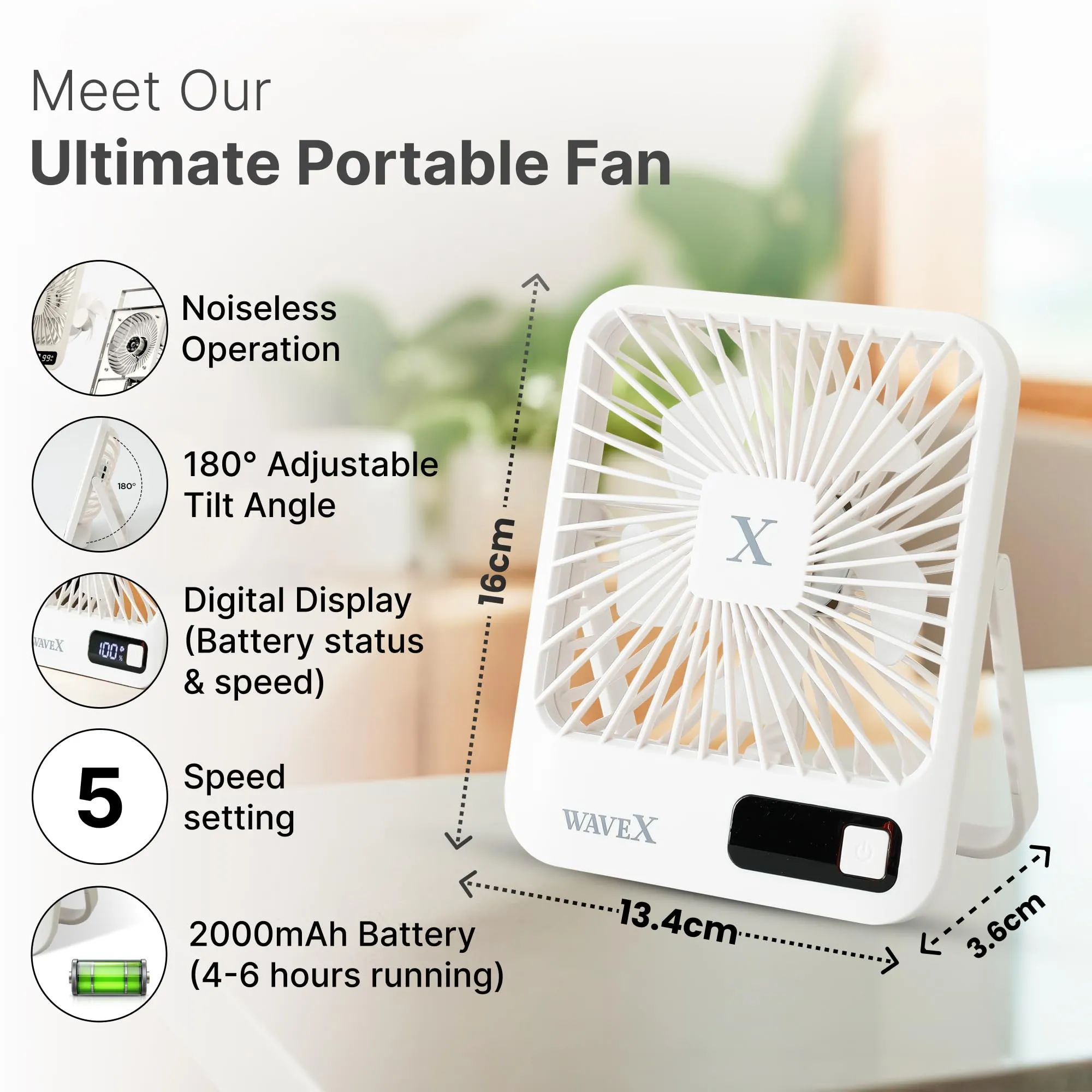 UMAI Digital Portable Mini Fan | Rechargeable USB Fan with 5 Speeds | Portable Fan for Office Home Travel | 4-6 Hours Running 2000mAh Battery | Small Fan with 180° Tilt Angle | 1 Yr warranty | White