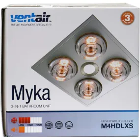 Ventair 3 In 1 MYKA 4 x 275 Watt Bathroom Heater Lamp Light 1 x 10 Watt LED Downlight And Exhaust Fan Silver